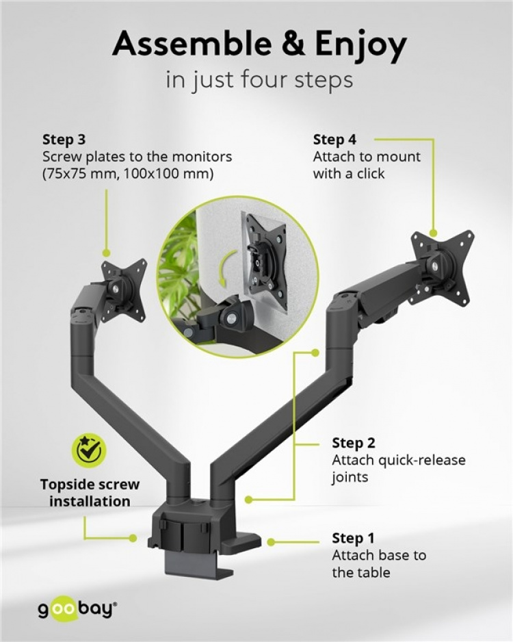 Goobay Dubbel skärmfäste med gasfjäder, svart för bildskärmar från 17 till 32 tum (43 - 81 cm), max. 9 kg per bildskärm, enkel snap-in-montering av armarna