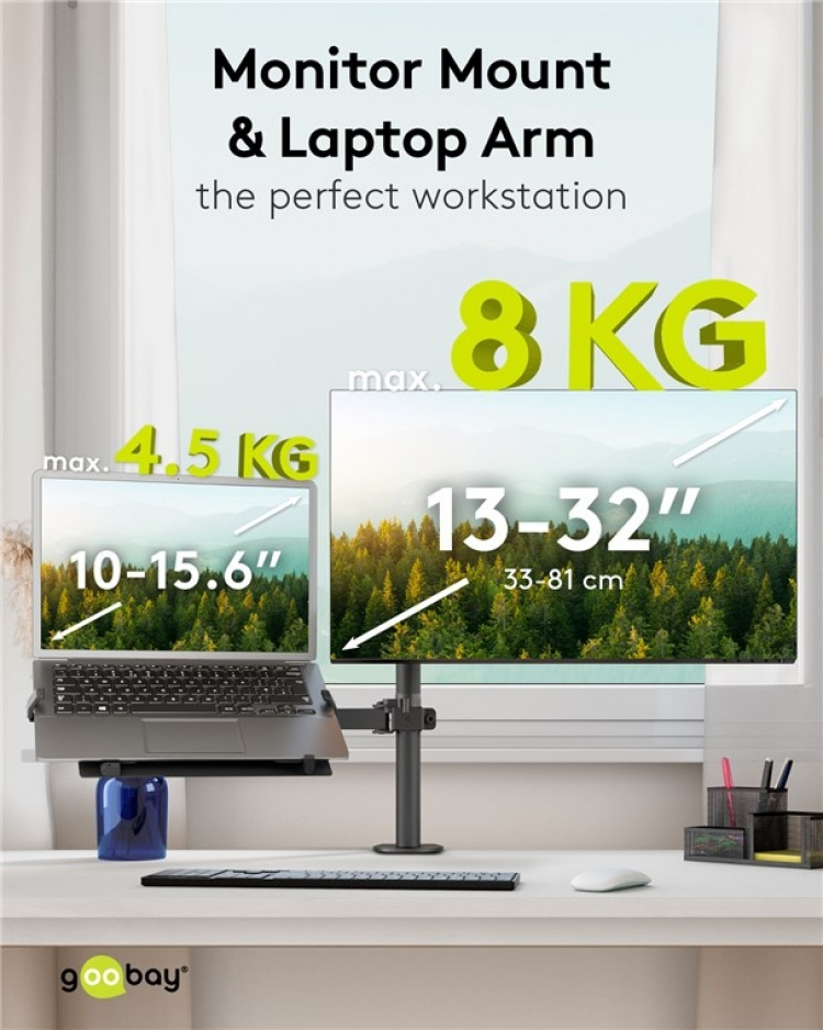 Goobay Skärmfäste med laptop-arm Flex, svart workstation för bildskärmar från 13 till 32 tum (33 - 81 cm) plus en bärbar dator, bildskärm max. 8 kg/bärbar dator 4,5 kg Goobay Skärmfäste med laptop-arm Flex, svart workstation för bildskärmar från 13 till 32 tum (33 - 81 cm) plus en bärbar dator, bildskärm max. 8 kg/bärbar dator 4,5 kg