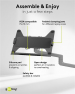 Goobay Deluxe laptopfäste för monitorarm, svart för bildskärmar från 11,6 till 17,3 tum (29 - 44 cm), max. 9 kg, för montering på ett bildskärmsfäste Goobay Deluxe laptopfäste för monitorarm, svart för bildskärmar från 11,6 till 17,3 tum (29 - 44 cm), max. 9 kg, för montering på ett bildskärmsfäste