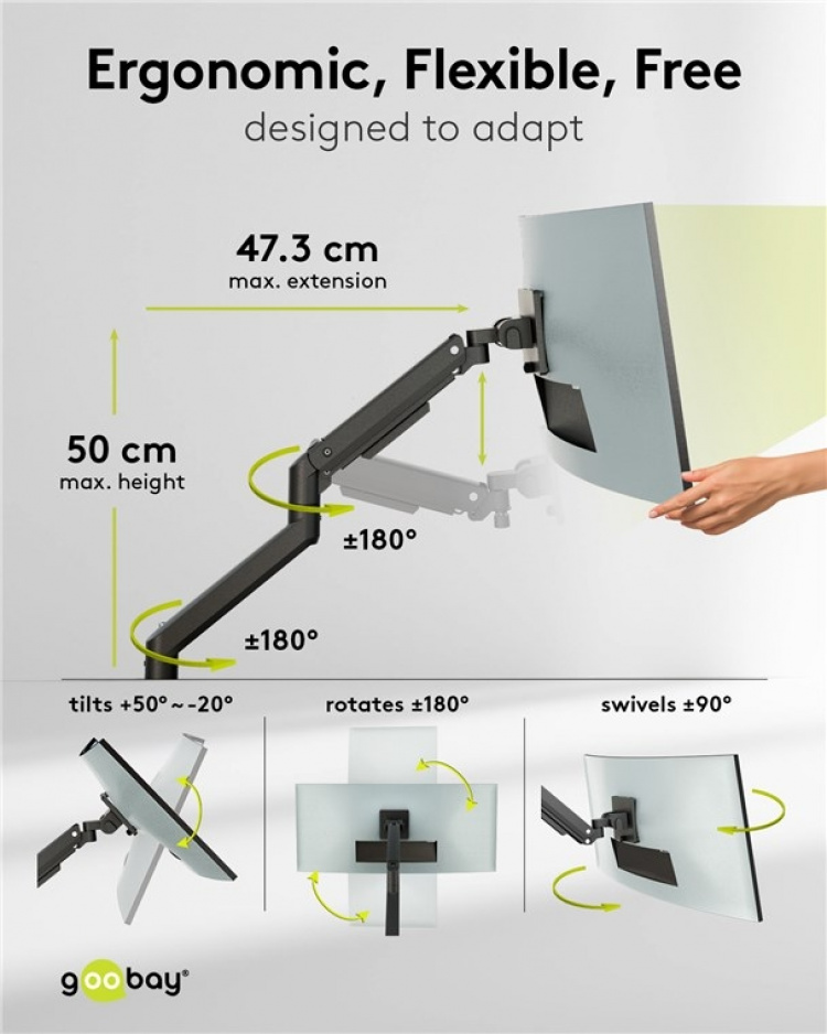 Goobay Single skärmfäste Gaming med gasfjäder, svart för XL-skärmar från 17 till 49 tum (43 - 124 cm), max. 20 kg, kraftigt fäste för tunga gaming och böjda skärmar, enkel snap-in-montering av armarna Goobay Single skärmfäste Gaming med gasfjäder, svart för XL-skärmar från 17 till 49 tum (43 - 124 cm), max. 20 kg, kraftigt fäste för tunga gaming och böjda skärmar, enkel snap-in-montering av armarna
