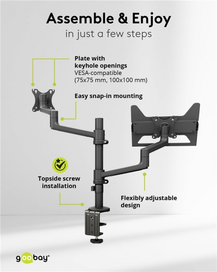 Goobay Deluxe skärmfäste med arm för laptop, svart workstation för bildskärmar från 17 till 32 tum (43 - 81 cm) plus en bärbar dator, bildskärm max. 8 kg/bärbar dator 5 kg Goobay Deluxe skärmfäste med arm för laptop, svart workstation för bildskärmar från 17 till 32 tum (43 - 81 cm) plus en bärbar dator, bildskärm max. 8 kg/bärbar dator 5 kg