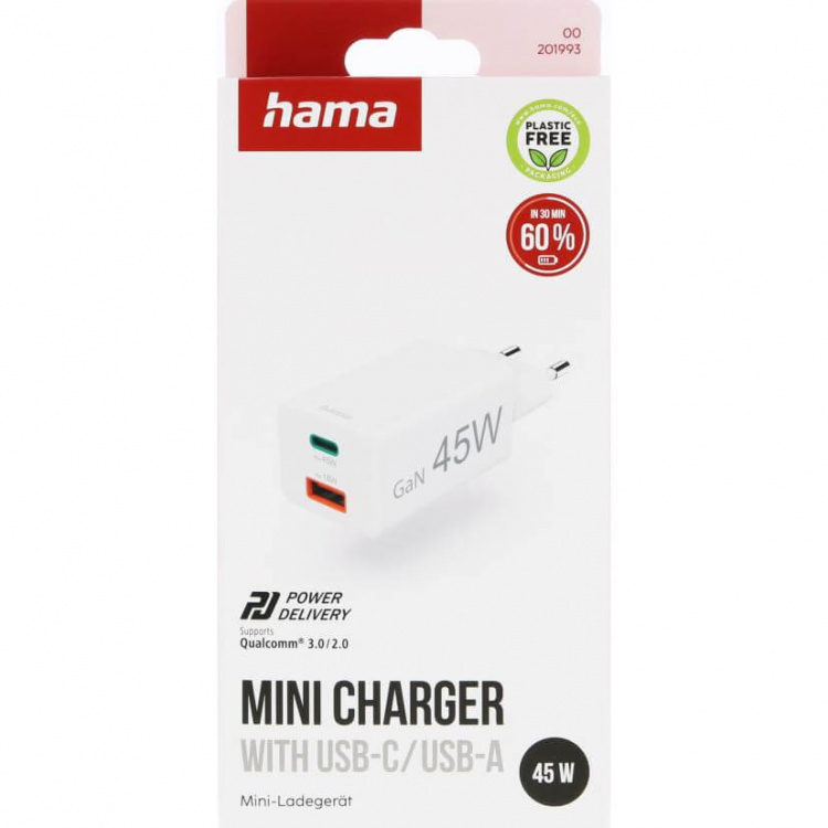 Hama Oplader 1x USB-C 1x USB-A GaN 45W Hvid