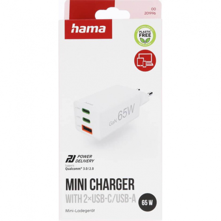 Hama Oplader 2x USB-C 1x USB-A GaN 65W Hvid
