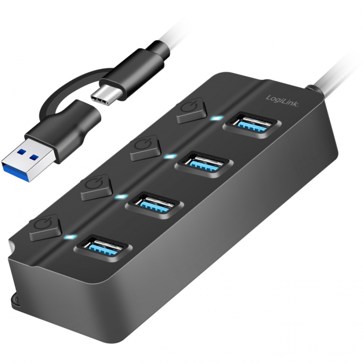 LogiLink USB-hub 4-port med separata På/Av-knappar USB-C/USB-A in USB 3.2 Gen1 LogiLink USB-hub 4-port med separata På/Av-knappar USB-C/USB-A in USB 3.2 Gen1