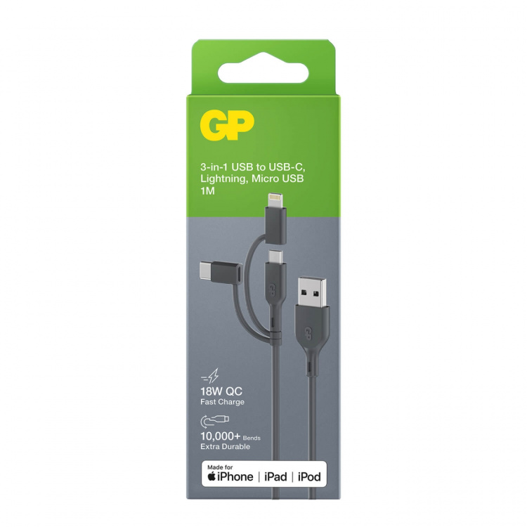 GP Kabel USB-A Til USB-C 3-I-1 Micro-USB + Lightning CY1N 1m GP Kabel USB-A Til USB-C 3-I-1 Micro-USB + Lightning CY1N 1m