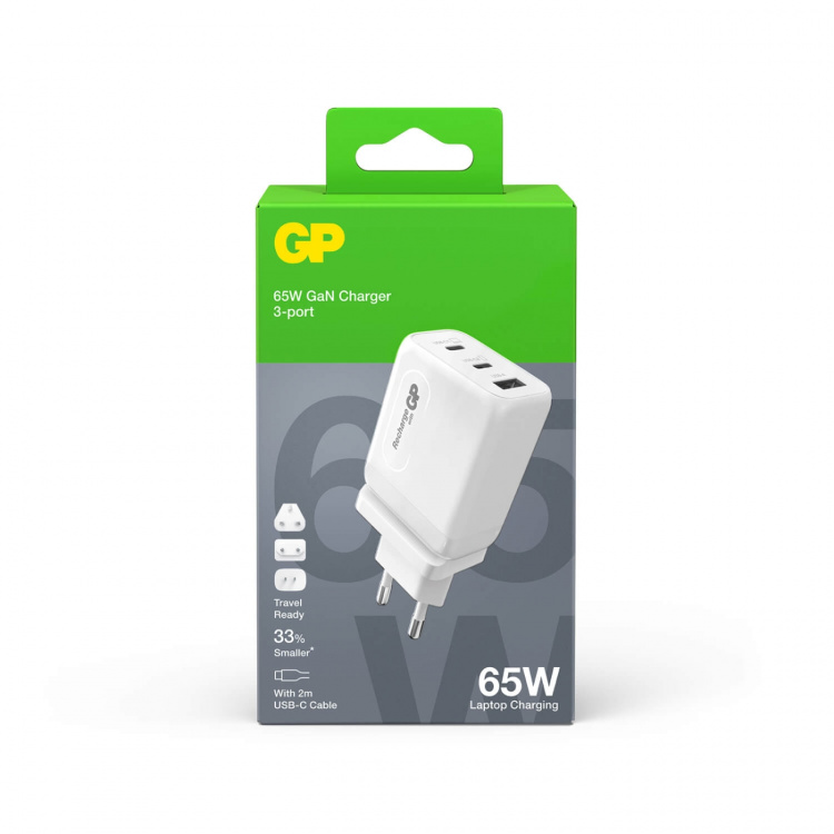 GP Vægoplader GaN PD 65W Inkl. Rejseadapter GP Vægoplader GaN PD 65W Inkl. Rejseadapter