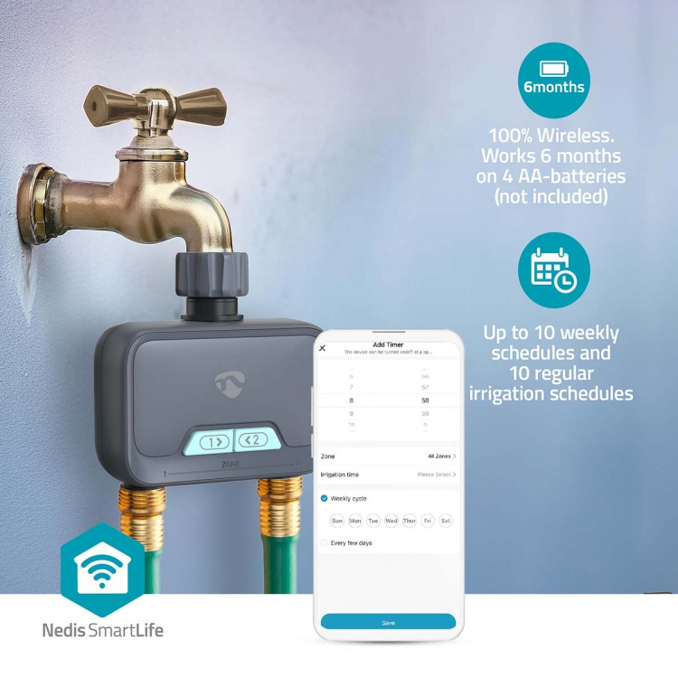 Nedis SmartLife Vand Kontrol | Bluetooth® | Batteri | IP54 | Maksimalt vandtryk: 8 Bar | Android™ / IOS