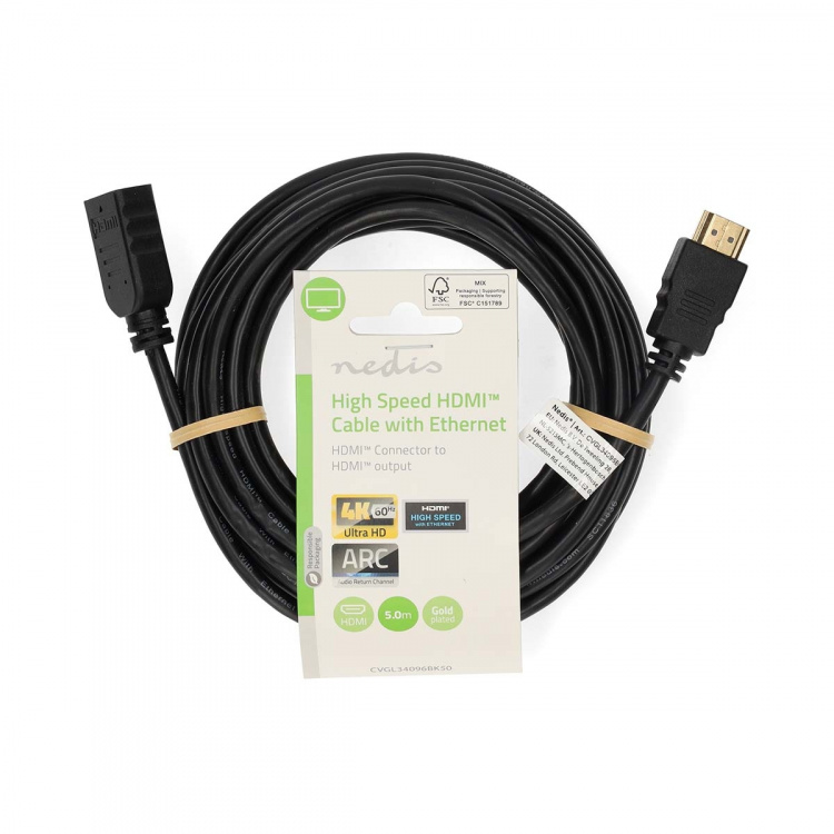 Nedis High Speed ​​HDMI ™ kabel med Ethernet | HDMI™ Stik | HDMI ™ -udgang | 4K@60Hz | ARC | 10.2 Gbps | 5.00 m | Runde | PVC | Sort | Label