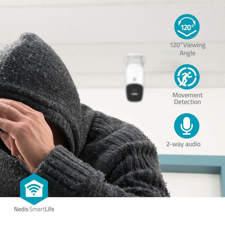 Nedis SmartLife udendørskamera | Spotlight | 4MP Quad HD 1440p / 2560x1440 | IP66 | Maks. batteritid: 10 Måned | Cloud Storage (mulighed) / microSD (ikke inkluderet) | 5 V DC | Med bevægelsessensor | Nattesyn | Hvid Nedis SmartLife udendørskamera | Spotlight | 4MP Quad HD 1440p / 2560x1440 | IP66 | Maks. batteritid: 10 Måned | Cloud Storage (mulighed) / microSD (ikke inkluderet) | 5 V DC | Med bevægelsessensor | Nattesyn | Hvid