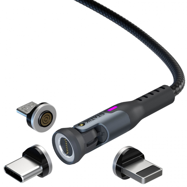 STATIK Kabel 360 Pro Magnetisk Spids USB-C/Lightning/MicroUSB Sort 1m