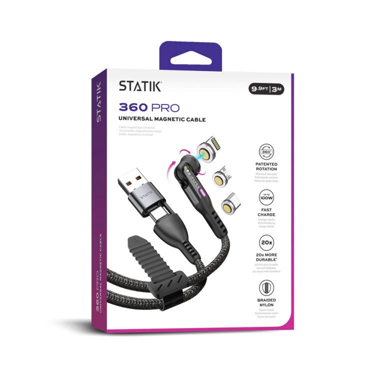 STATIK Kabel 360 Pro Magnetisk Spids USB-C/Lightning/MicroUSB Sort 1m
