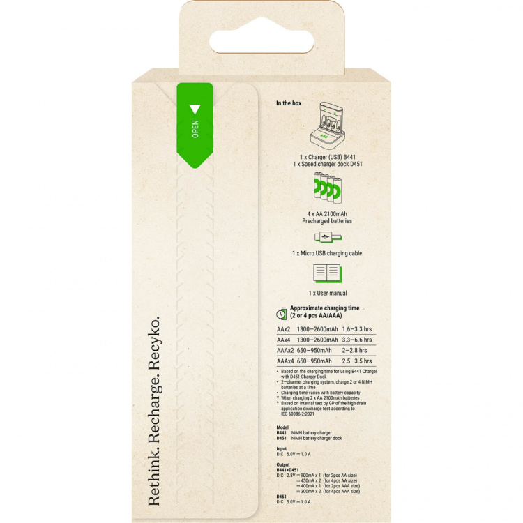 GP Batterioplader Everyday B441 + D451 4xA-batterier 2100mAh GP Batterioplader Everyday B441 + D451 4xA-batterier 2100mAh