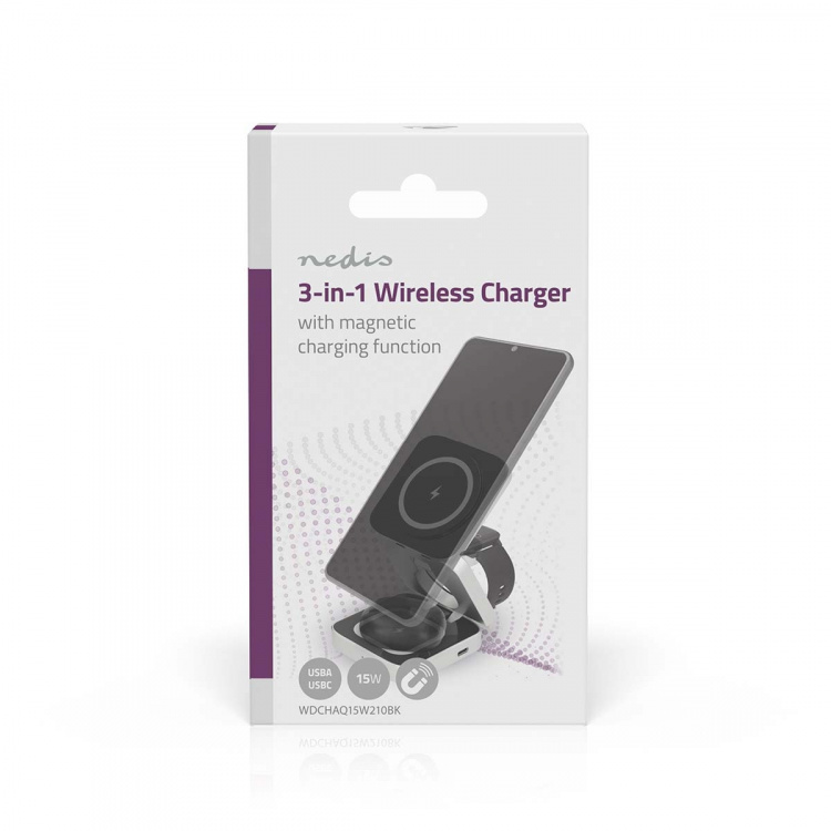 Nedis Trådløs oplader | 3-in-1 | 2.5 / 5 / 15 W | LED-indikator i brug | Inkluderet kabel | USB-A / USB-C™ | 1.50 m