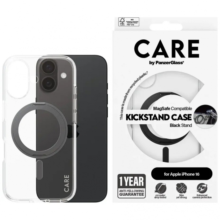 PanzerGlass CARE Kickstand Sort til Apple iPhone 16