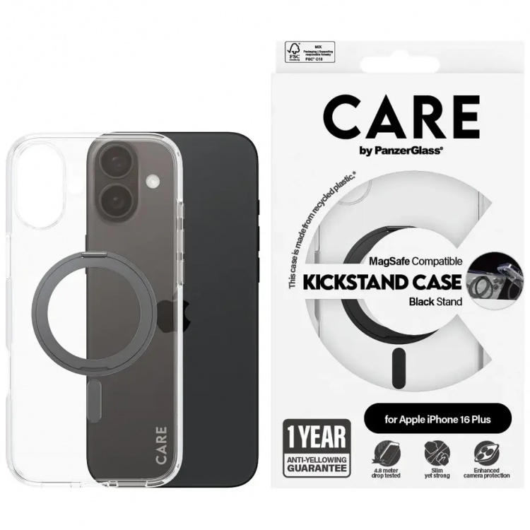 PanzerGlass CARE Kickstand Sort til Apple iPhone 16 Plus