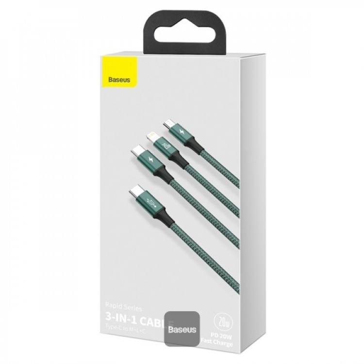 Baseus Rapid Series 3-in-1 USB-C til Lightning/Micro/USB-C 1.5m Grøn