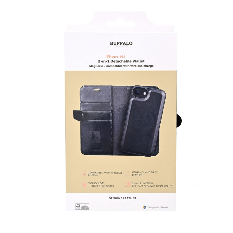 Buffalo Wallet 2-i-1 iPhone 16e MagSeries Læder 3 Kort Sort