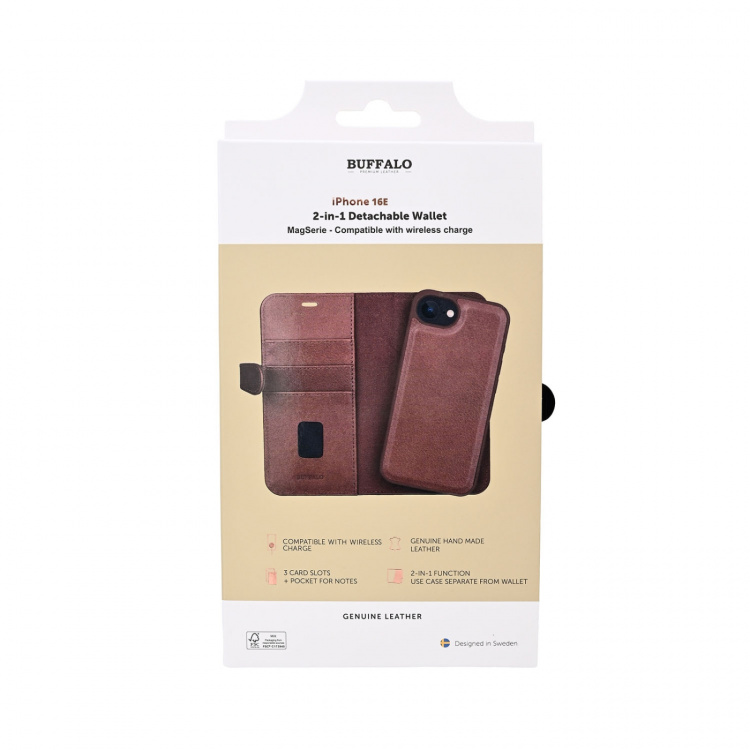 Buffalo Wallet 2-i-1 iPhone 16e MagSeries Læder 3 Kort Brun Buffalo Wallet 2-i-1 iPhone 16e MagSeries Læder 3 Kort Brun