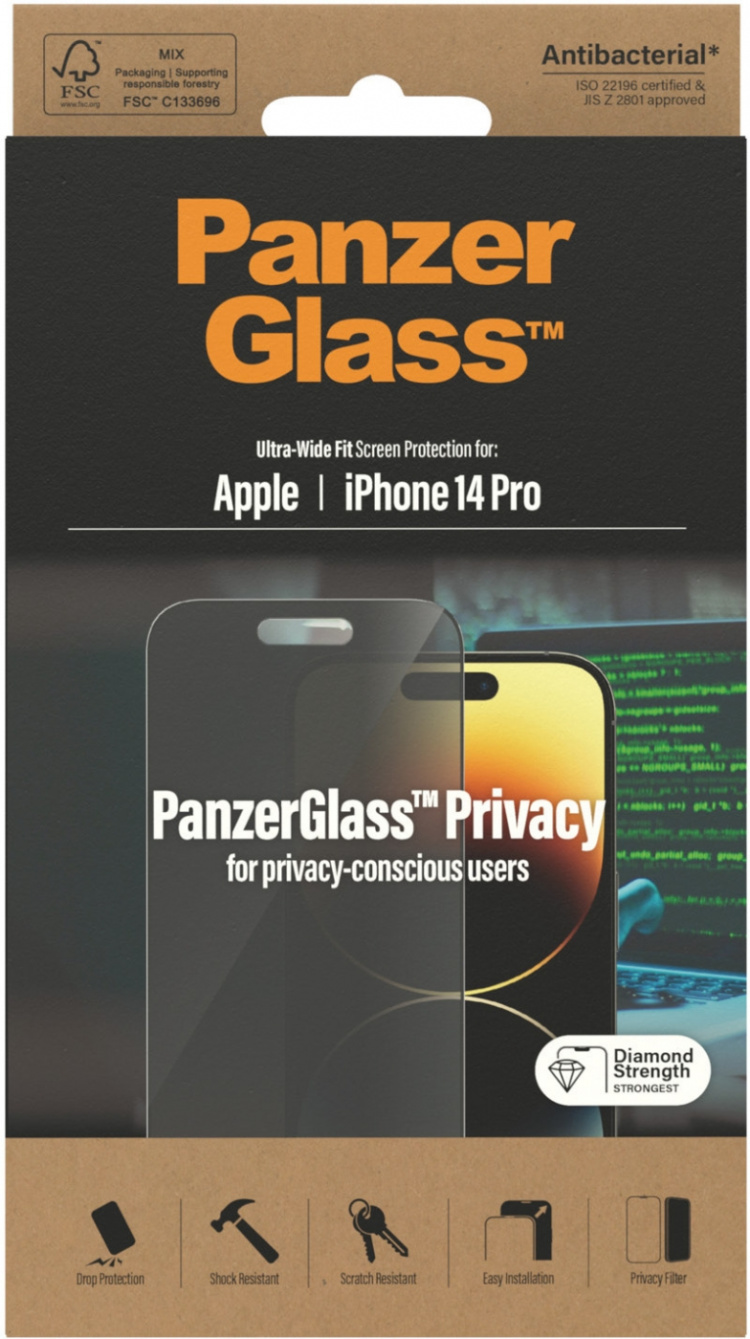 PanzerGlass Ultra Wide Fit Privacy-skærmbeskytter, iPhone 14 Pro, sort ramme PanzerGlass Ultra Wide Fit Privacy-skærmbeskytter, iPhone 14 Pro, sort ramme