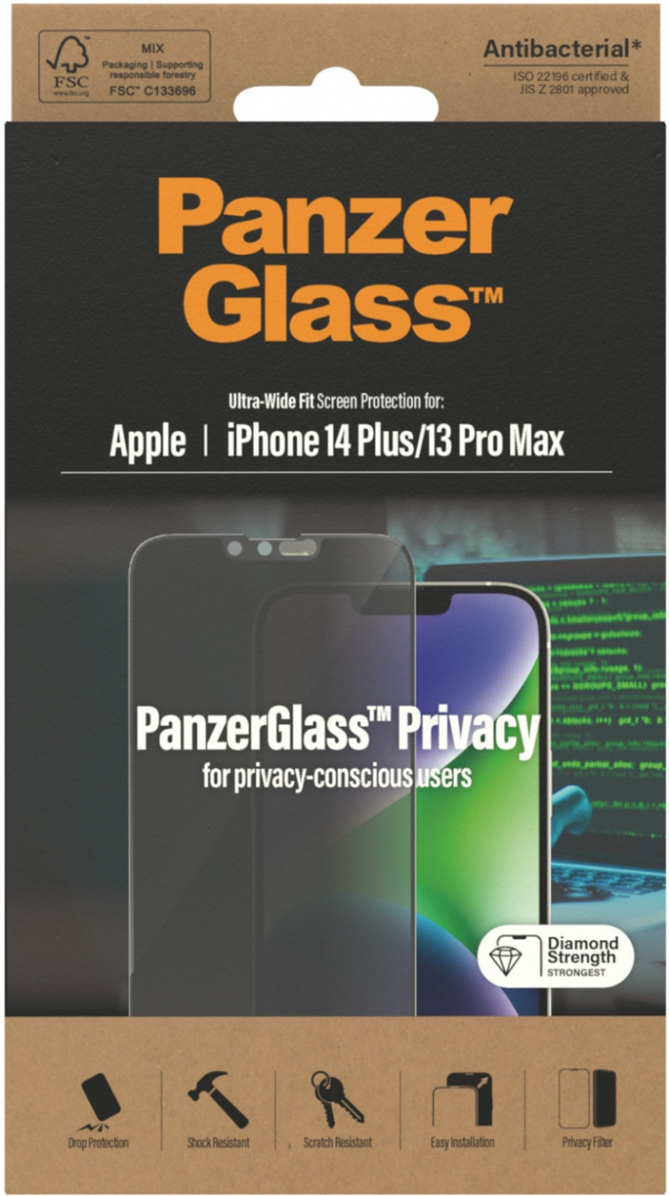 PanzerGlass Privacy-skærmbeskytter, iPhone 14 Plus / 13 Pro Max, sort ramme PanzerGlass Privacy-skærmbeskytter, iPhone 14 Plus / 13 Pro Max, sort ramme