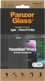 PanzerGlass Ultra Wide Fit Privacy-skærmbeskytter, iPhone 14 Pro Max, sort ramme PanzerGlass Ultra Wide Fit Privacy-skærmbeskytter, iPhone 14 Pro Max, sort ramme