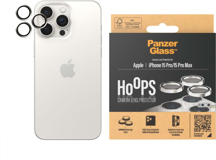 PanzerGlass Hoops kameralinsedæksel, iPhone 15 Pro / 15 Pro Max, hvidt metal PanzerGlass Hoops kameralinsedæksel, iPhone 15 Pro / 15 Pro Max, hvidt metal