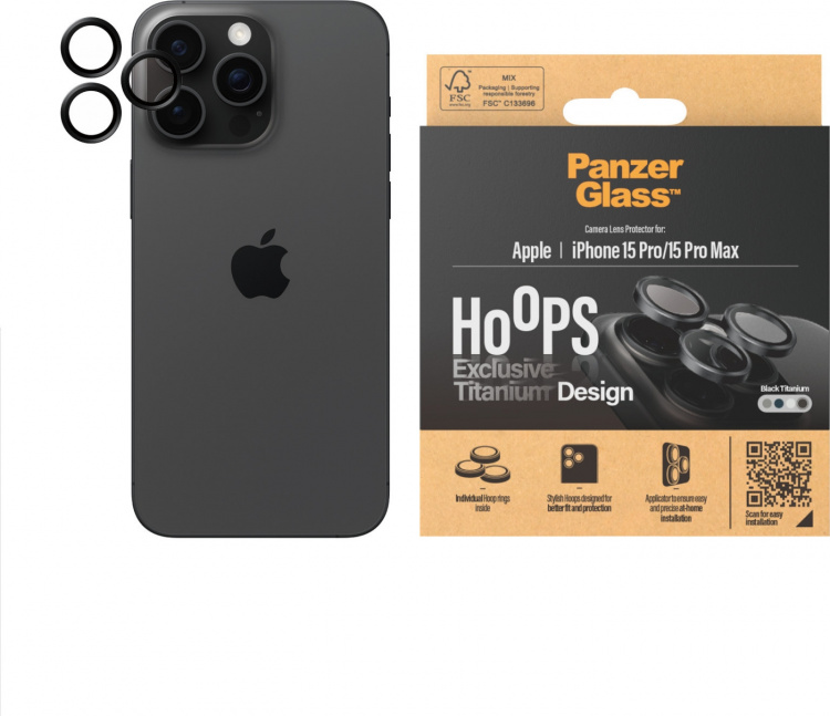 PanzerGlass Hoops kameralinsedæksel, iPhone 15 Pro / 15 Pro Max, sort titanium