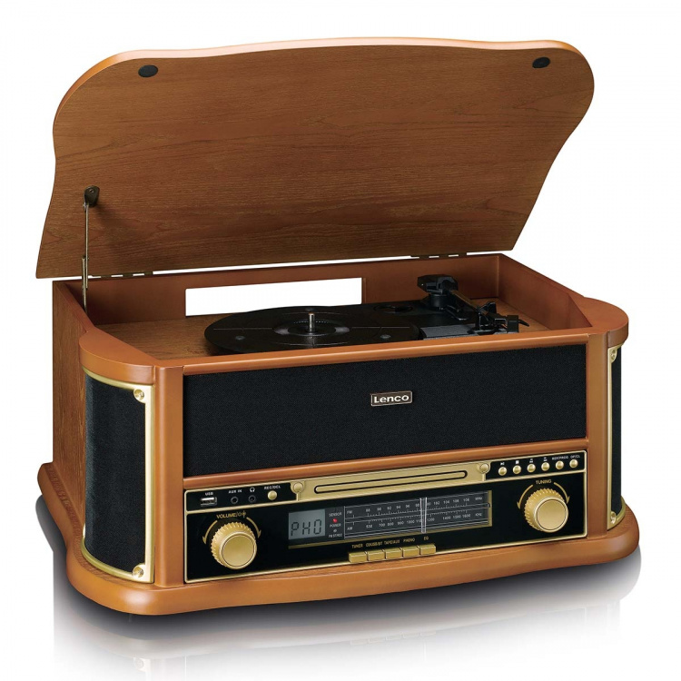 Lenco Retro-pladespiller i træ med Bluetooth® AM/FM-radio, USB-kodning, cd-afspiller, kassetteafspiller og indbyggede højttalere Lenco Retro-pladespiller i træ med Bluetooth® AM/FM-radio, USB-kodning, cd-afspiller, kassetteafspiller og indbyggede højttalere