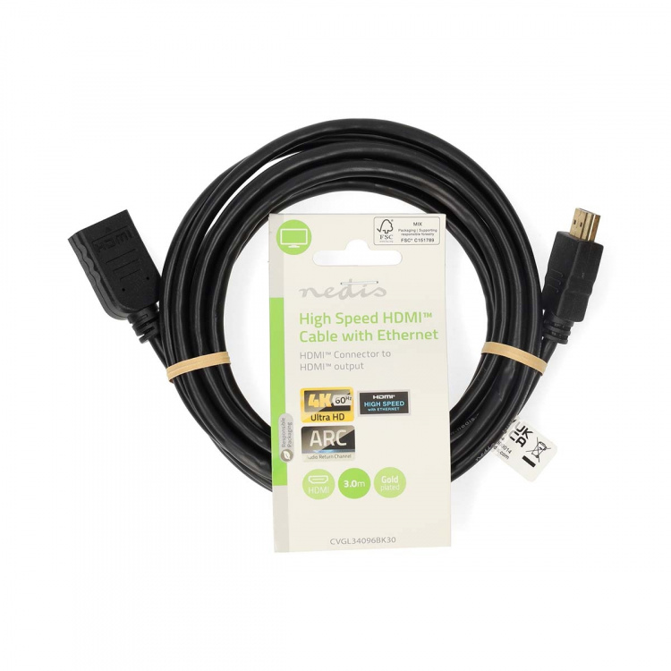 Nedis High Speed ​​HDMI ™ kabel med Ethernet | HDMI™ Stik | HDMI ™ -udgang | 4K@60Hz | ARC | 10.2 Gbps | 3.00 m | Runde | PVC | Sort | Label