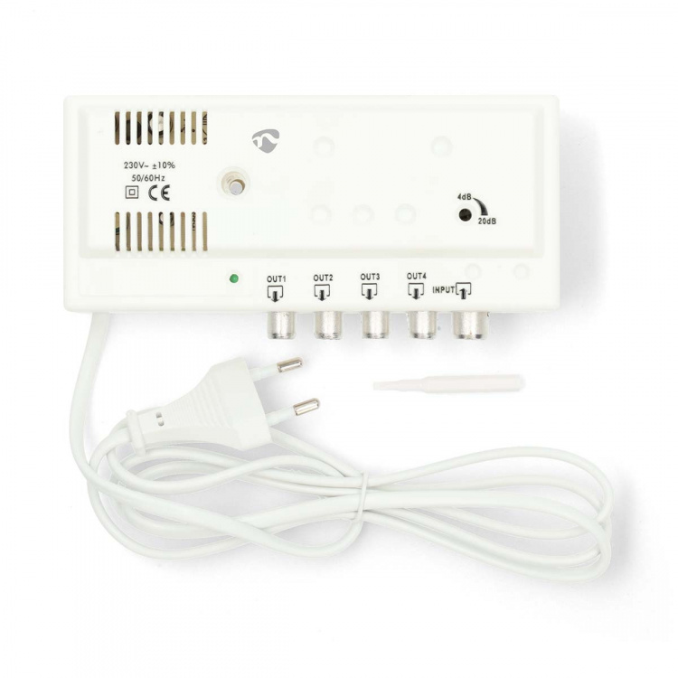 Nedis CATV forstærker | Forstærkning: 20 dB | 47 - 694 MHz | Antal output: 4 | Få kontrol | Hvid