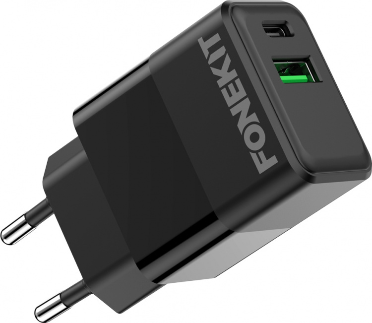 FoneKit Dobbelt 20W-oplader, USB-C + USB-A, sort FoneKit Dobbelt 20W-oplader, USB-C + USB-A, sort