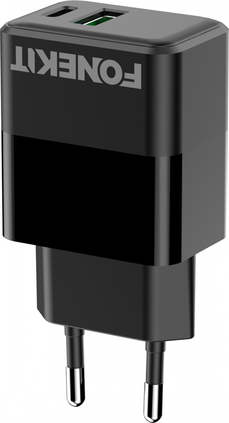 FoneKit Dobbelt 20W-oplader, USB-C + USB-A, sort FoneKit Dobbelt 20W-oplader, USB-C + USB-A, sort