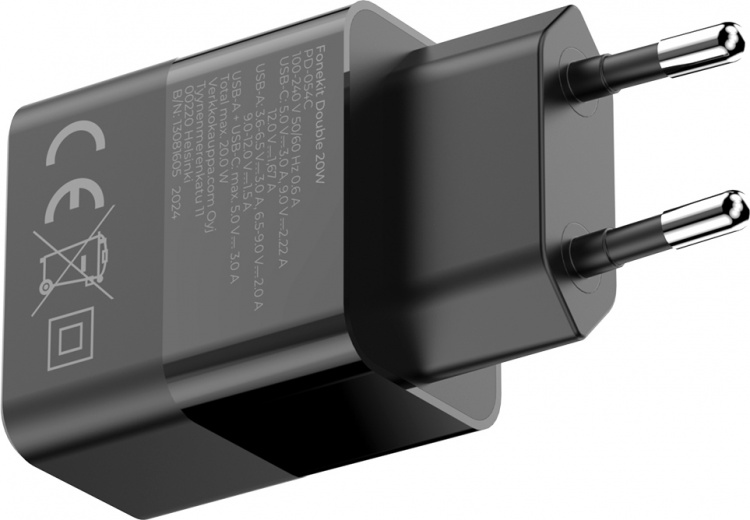 FoneKit Dobbelt 20W-oplader, USB-C + USB-A, sort FoneKit Dobbelt 20W-oplader, USB-C + USB-A, sort