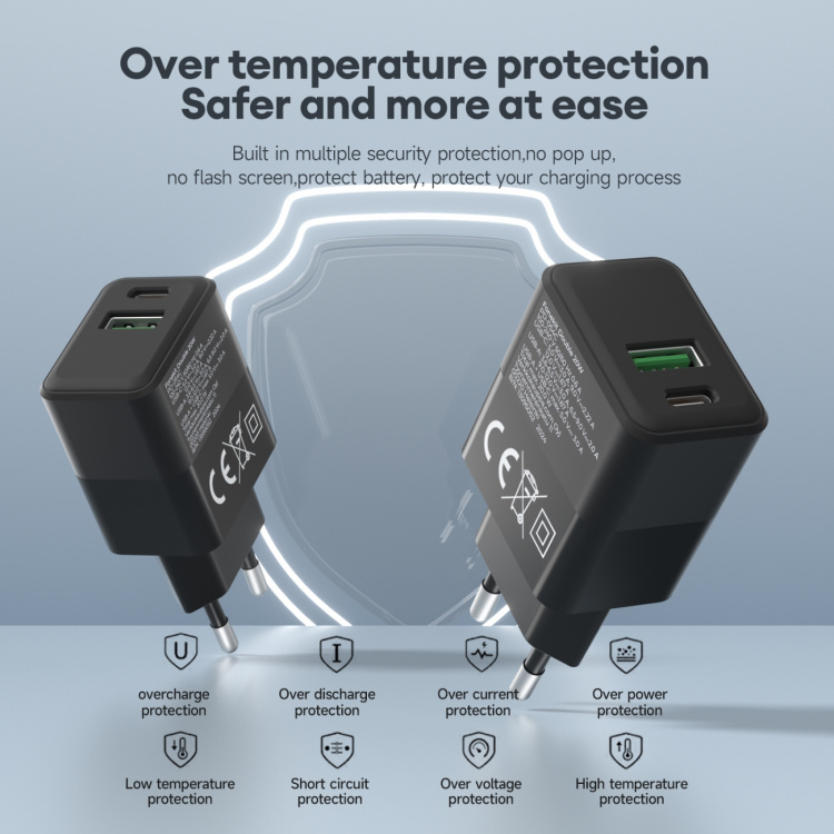 FoneKit Dobbelt 20W-oplader, USB-C + USB-A, sort FoneKit Dobbelt 20W-oplader, USB-C + USB-A, sort