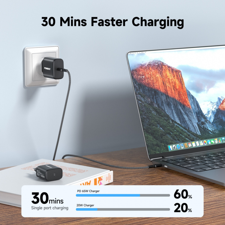 FoneKit GaN PD 65W AC-oplader, USB-C, sort