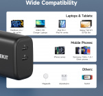 FoneKit GaN PD 65W AC-oplader, USB-C + USB-C, sort