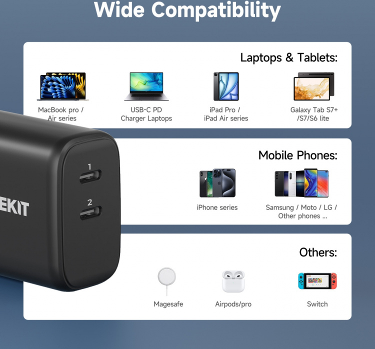 FoneKit GaN PD 65W AC-oplader, USB-C + USB-C, sort
