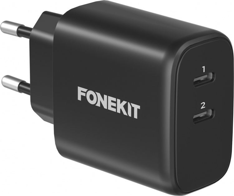 FoneKit GaN PD 65W AC-oplader, USB-C + USB-C, sort