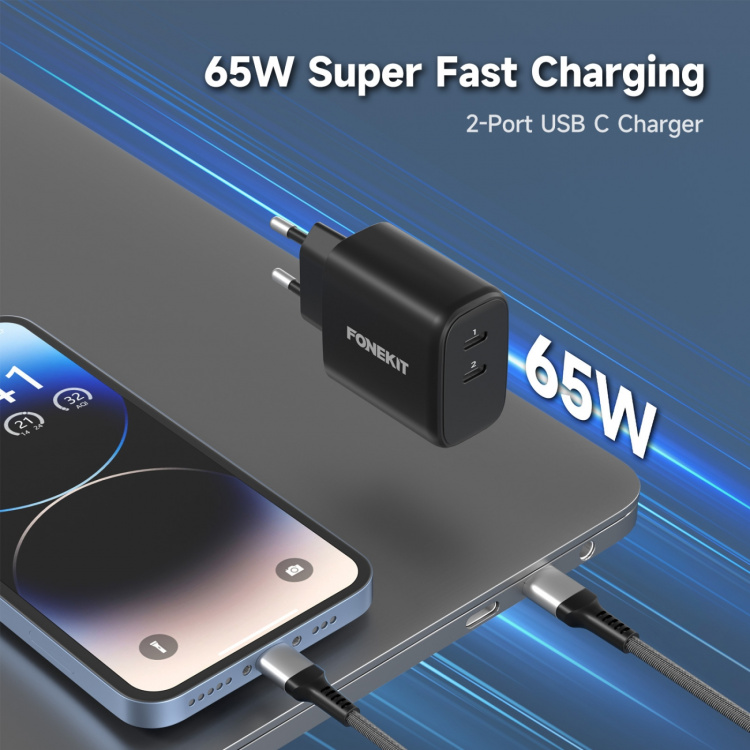 FoneKit GaN PD 65W AC-oplader, USB-C + USB-C, sort