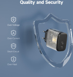 FoneKit GaN PD 65W AC-oplader, USB-C + USB-C, sort