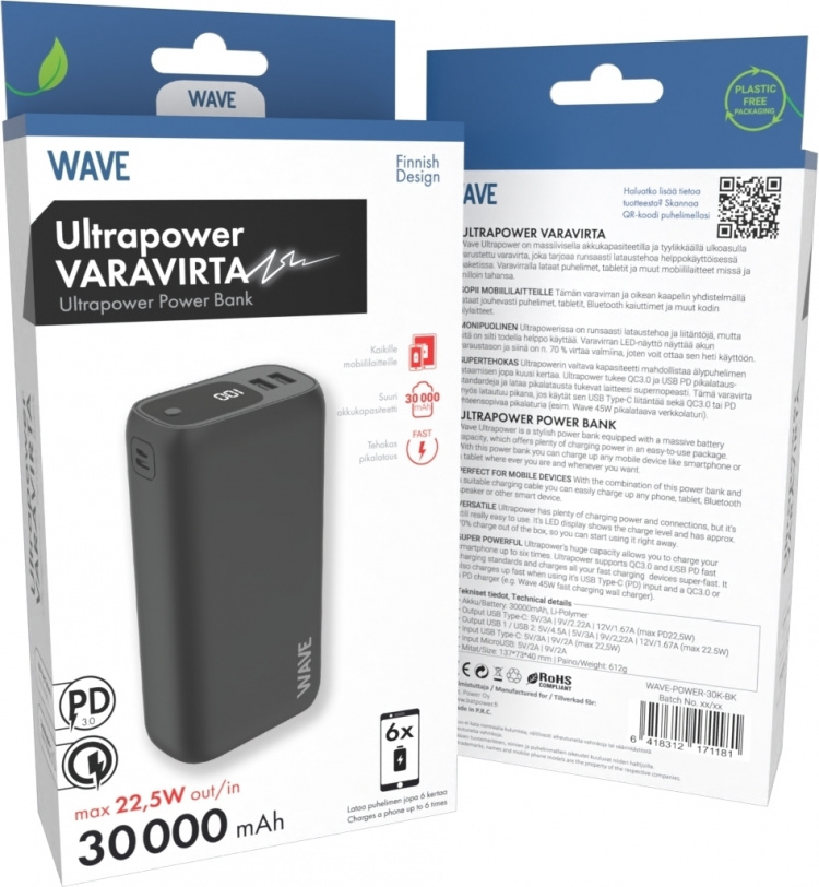 Wave Ultrapower backup-strømforsyning, 30 000 mAh, sort