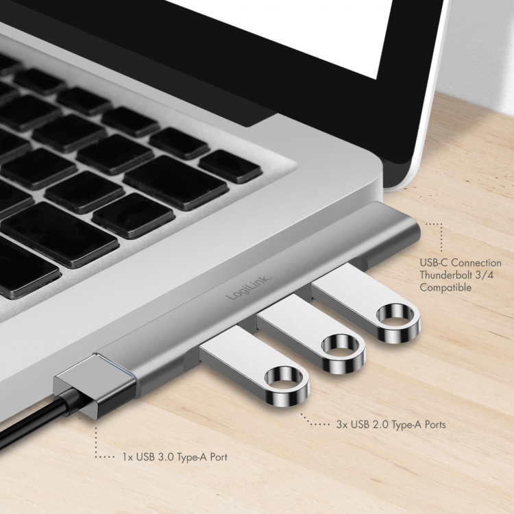 LogiLink Ultraslim 4-port USB-C hub 1 x USB-A3.0, 3 x USB-A2.0 LogiLink Ultraslim 4-port USB-C hub 1 x USB-A3.0, 3 x USB-A2.0