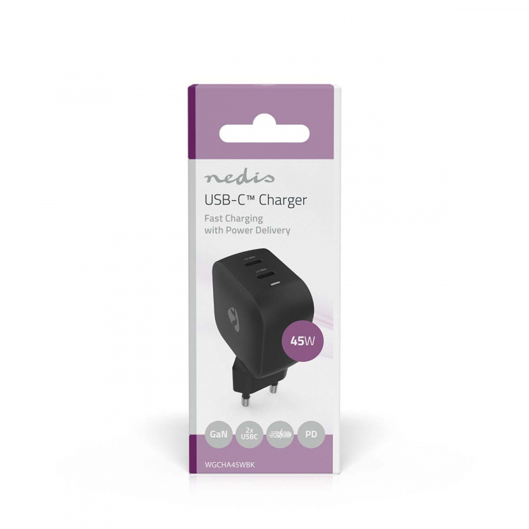 Nedis Vægoplader | 45 W | GaN | PD3.0 | Hurtigopladningsfunktion | 2.25 A / 3.0 A | Antal output: 2 | 2x USB-C™ | Automatisk Valgt Spænding | Sort