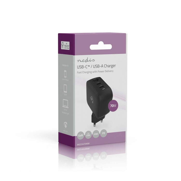Nedis Vægoplader | 70 W | GaN | PD3.0 | Hurtigopladningsfunktion | 1.5 / 2.25 A / 2.5 / 3.0 / 3.5 A | Antal output: 3 | USB-A / 2x USB-C™ | Automatisk Valgt Spænding | Sort