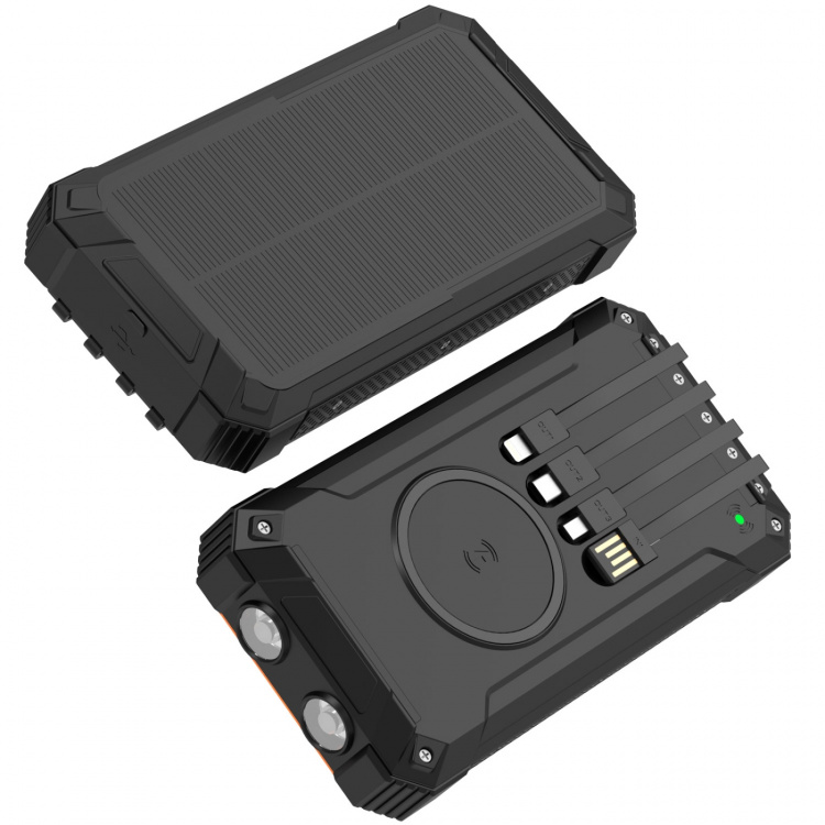 Denver PowerBank 20.000 mAh Solcell 4st kablar + trådlös laddning Svart