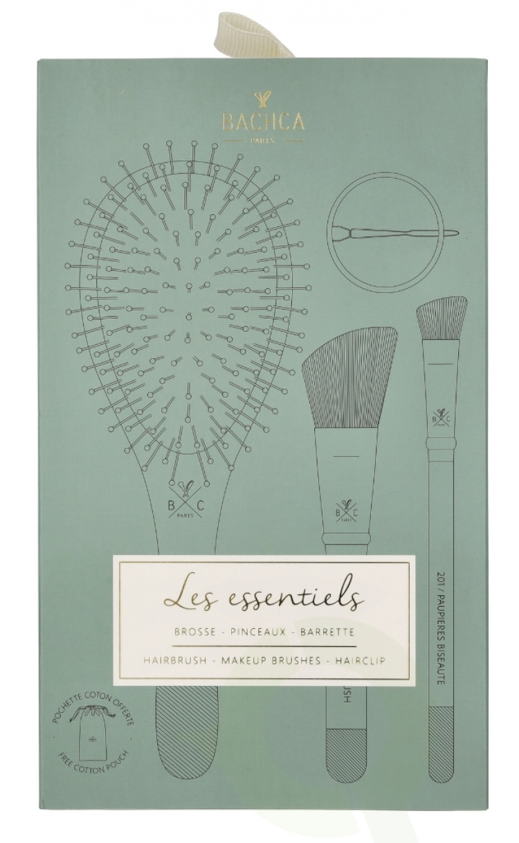 Bachca Paris Les Essentiels Eucalyptus Hair & Face Set 5 piece 1x Wooden Hair Brush/1x Blush Brush/1x Contour shader Brush/1x Round Hair Clip/1x Cotton Pouch