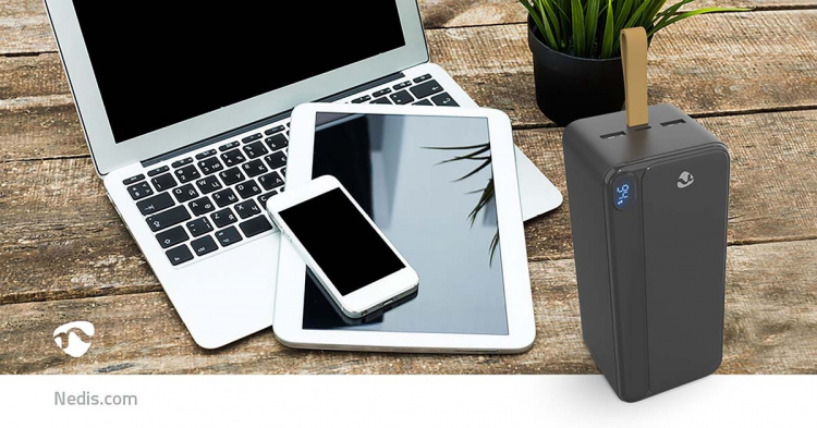 Nedis Powerbank | 30000 mAh | 1.5 / 1.67 / 2.0 / 2.22 / 3.0 A | Antal output: 3 | Output tilslutning: 1x USB-C™ / 2x USB-A | Input forbindels: 1x USB-C™ | PD3.0 20W | Lithium-polymer | Display