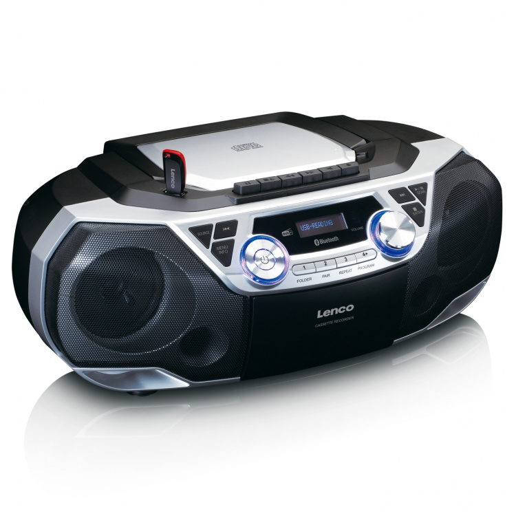Lenco Bærbar Boombox med DAB+/FM-radio, Bluetooth®, cd, kassettebåndoptager og USB-afspiller Sølv