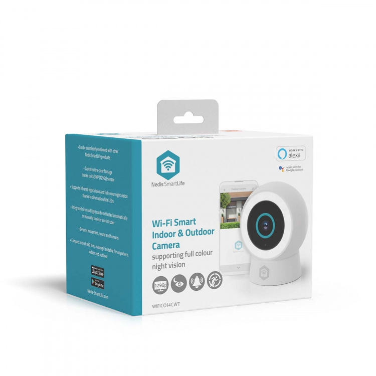 Nedis SmartLife udendørskamera | Spotlight | 3MP Full HD 1296p | IP65 | Cloud Storage (mulighed) / microSD (ikke inkluderet) / Onvif | 5 V DC | Med bevægelsessensor | Nattesyn | Hvid