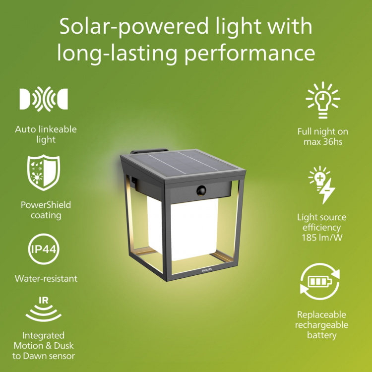 Philips Blaise Vägglampa Solcell LED 250/20lm Svart Philips Blaise Vägglampa Solcell LED 250/20lm Svart